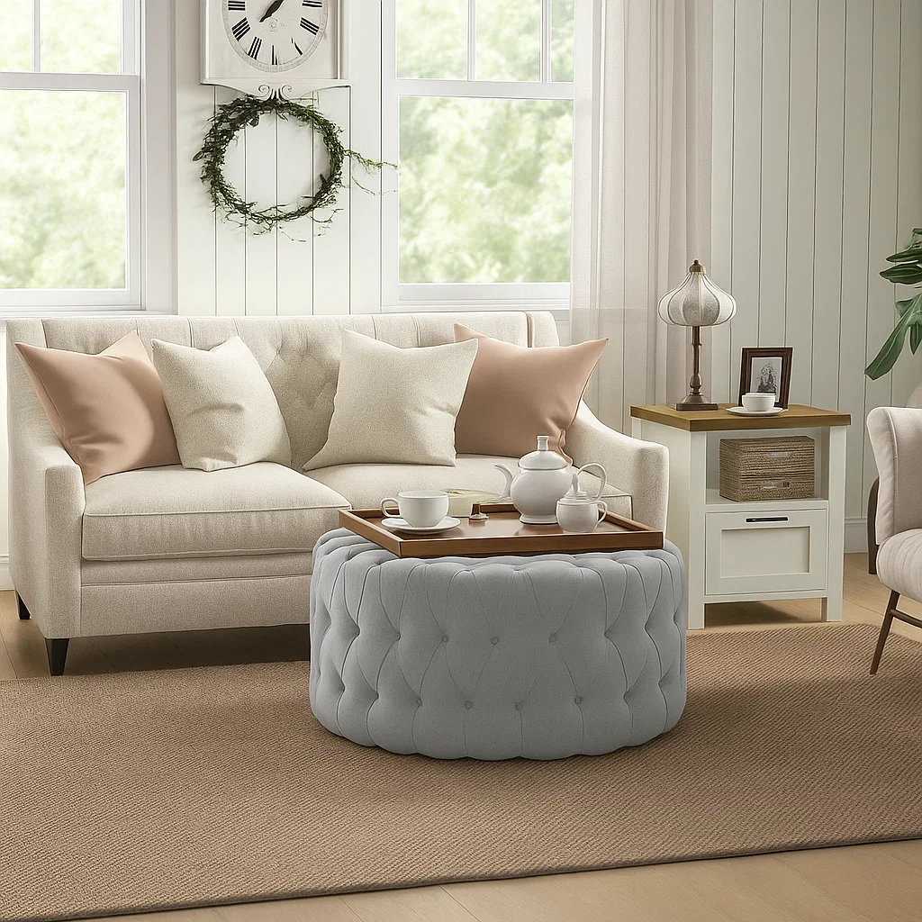 Tufted ottoman topped with a wooden tray holding white teaware and mugs, styled as a working table.
