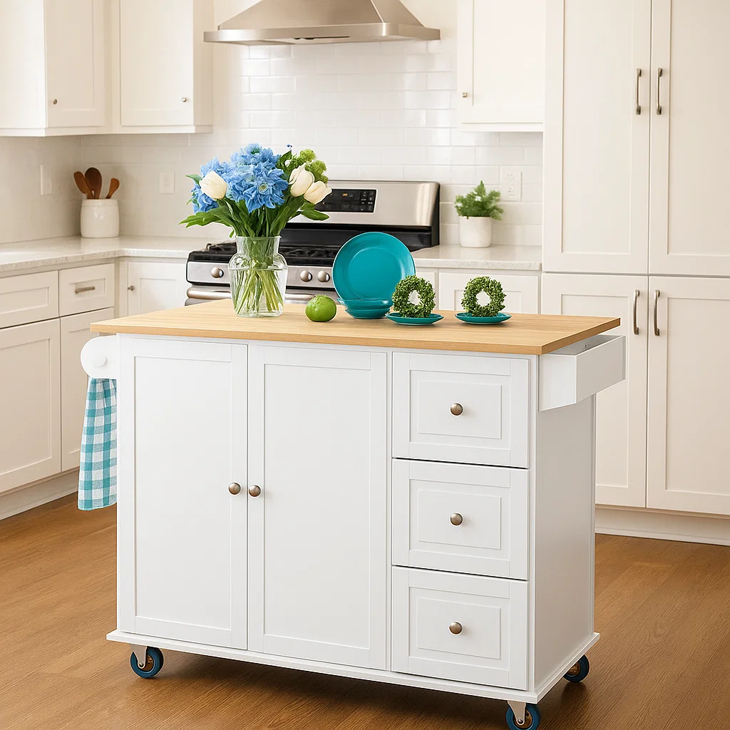 Blue plates, green apple, and fresh flowers add a pop of colour on a white kitchen island.