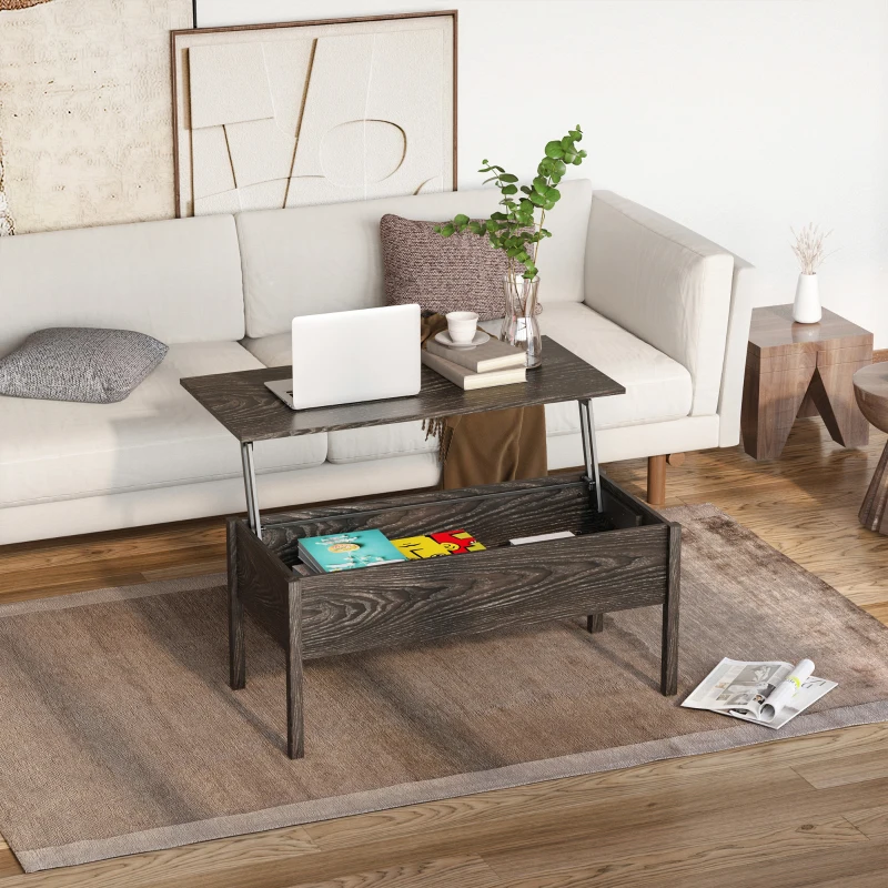 Lift-top wooden coffee table with storage used as a workspace in a neutral, modern living room.
