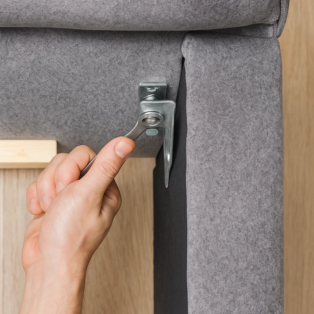 Hand using wrench to tighten bolts underneath a recliner frame.
