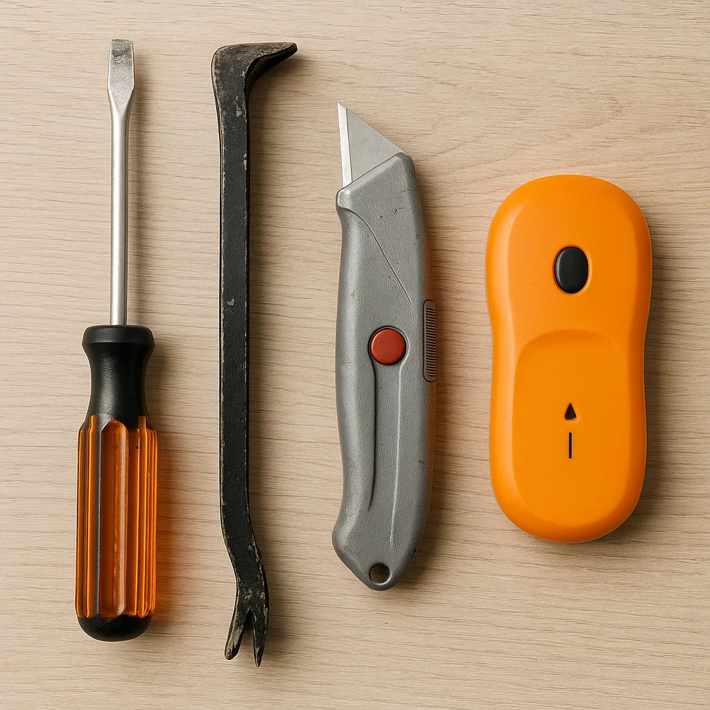 Various tools for cabinet removal, including screwdriver and crowbar