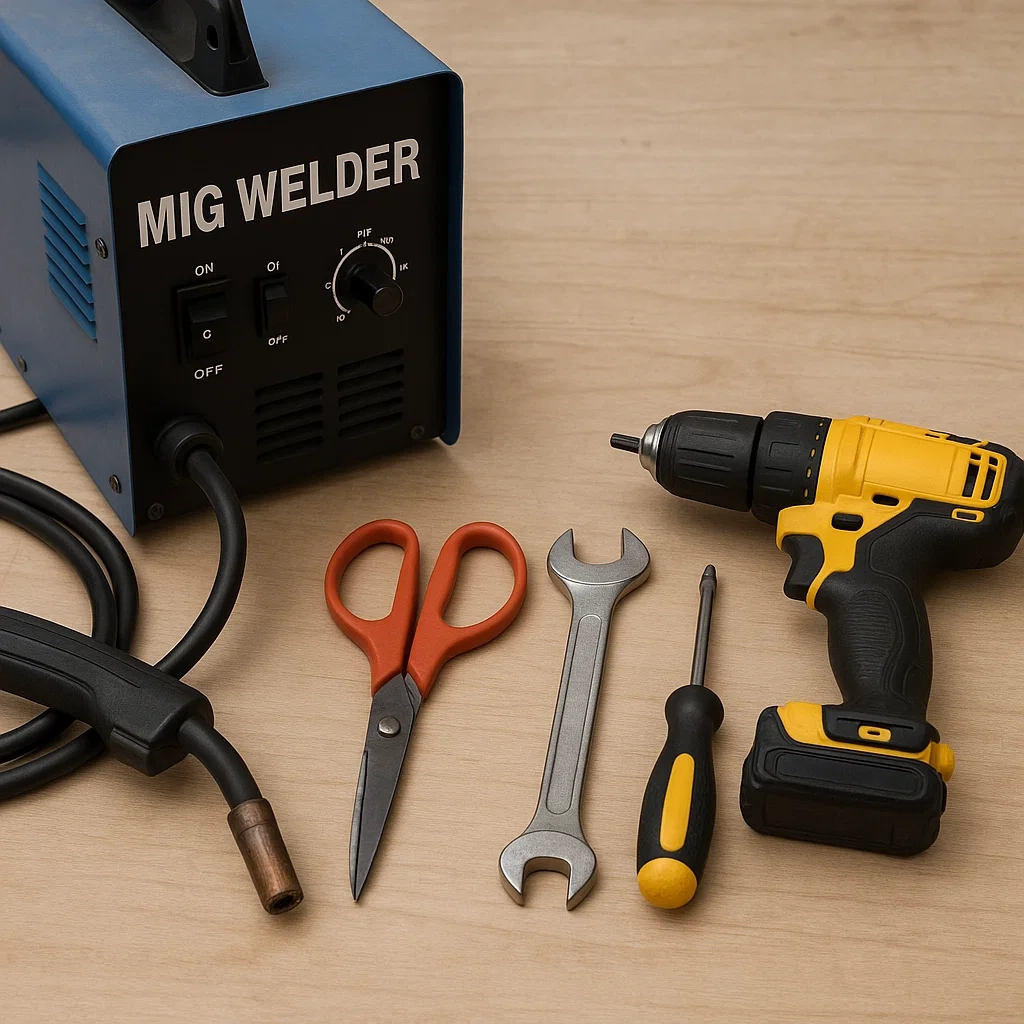 Various tools used for DIY pull cart construction: welder, drill, and more.
