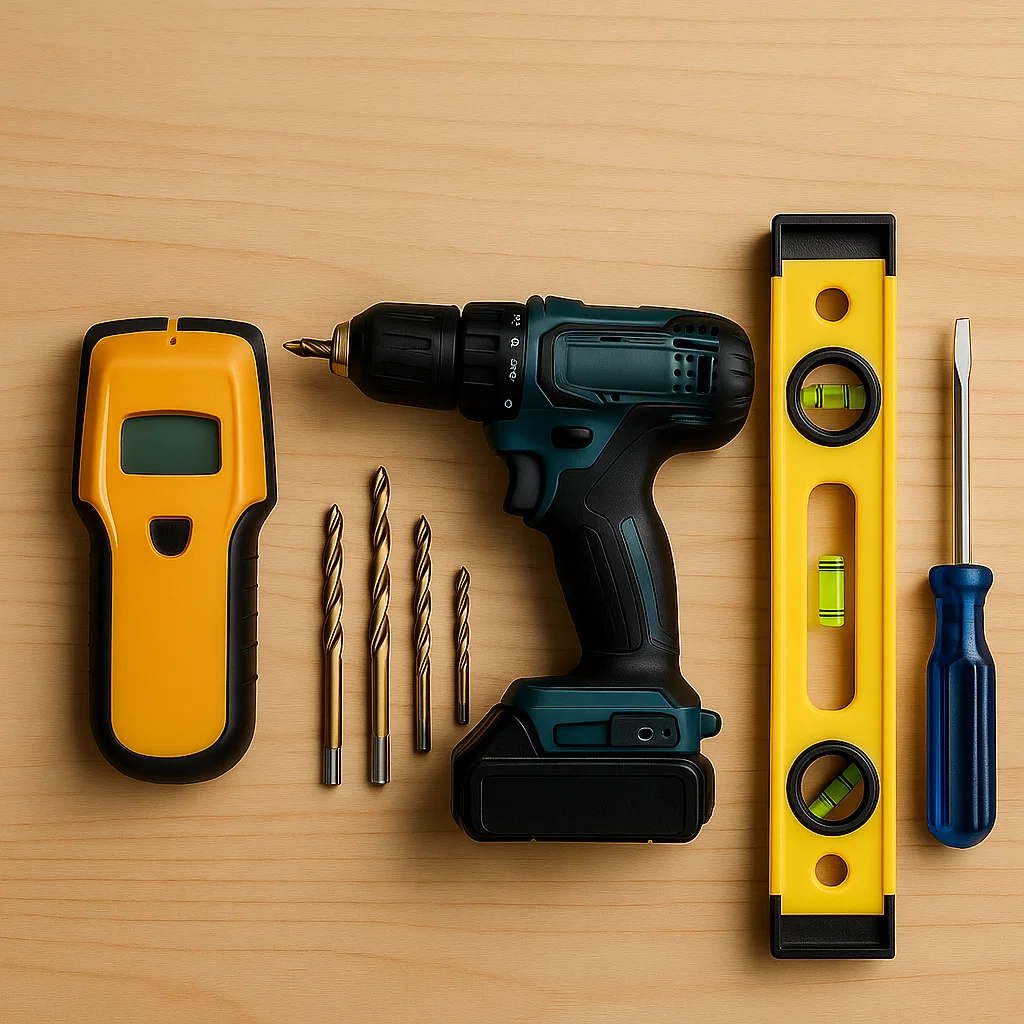 Drill, level, screwdriver, stud finder, and drill bits laid out on a wooden surface.