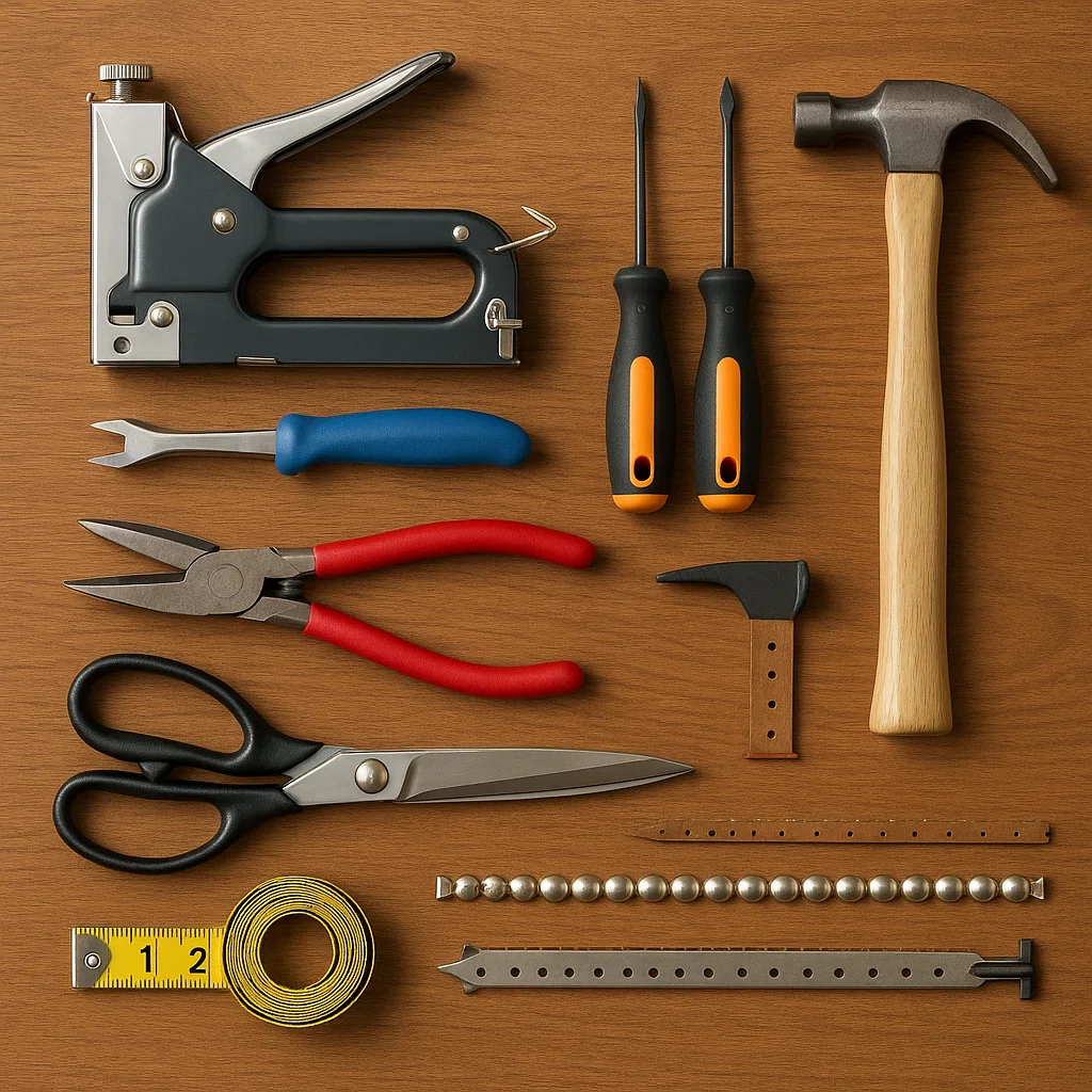 Upholstery tools including staple gun, pliers, tack hammer, screwdrivers, scissors, and measuring tape
