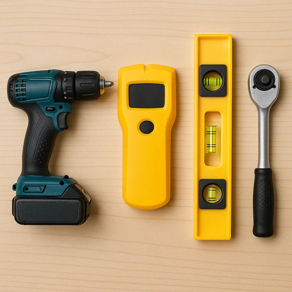 Assortment of tools including drill, stud finder, level, and ratchet laid on wooden surface.