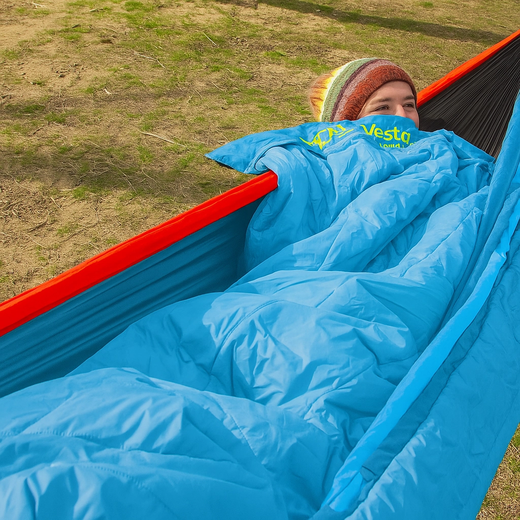 Person wrapped in a top quilt inside a hammock for added warmth during camping.