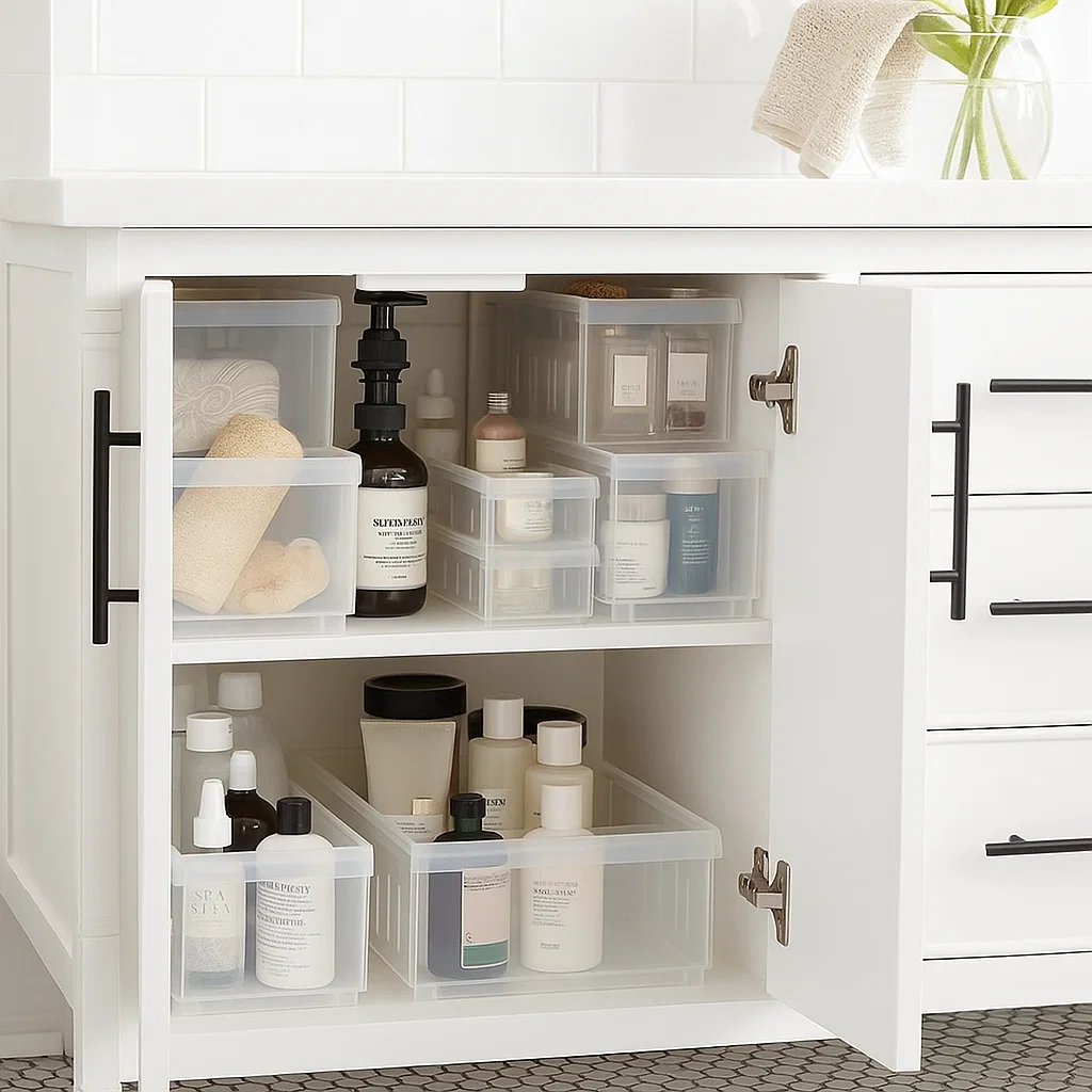 Under-sink bathroom cabinet with transparent bins for sorting and storing bath products.