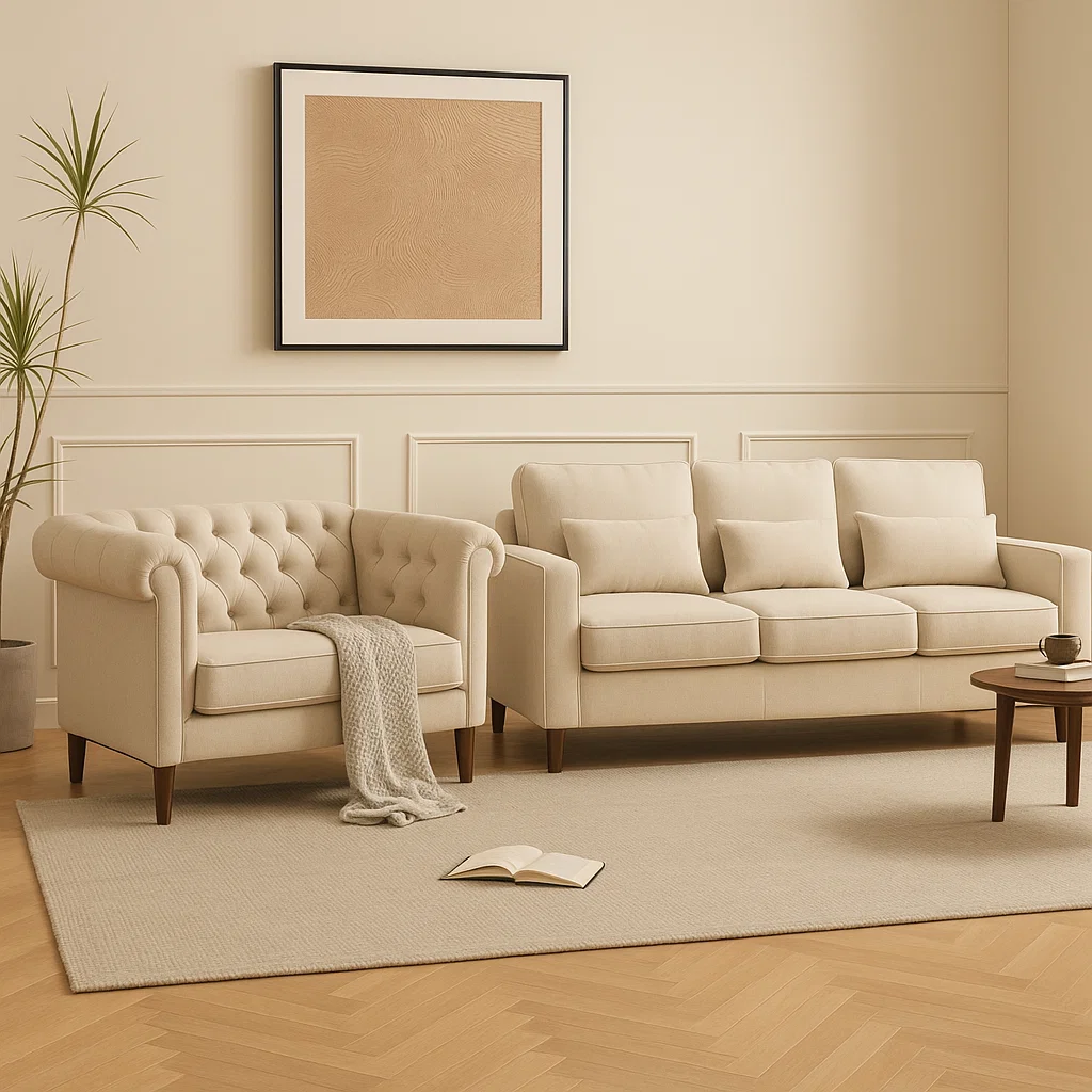 Light beige sofa and loveseat with tufted details in a classic room, light and airy decor.