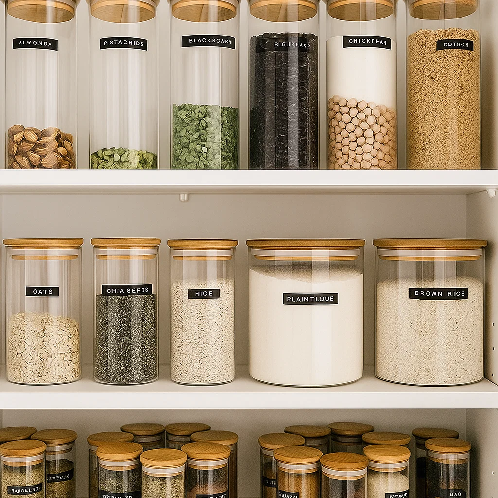 Clear storage containers neatly arranged in a kitchen pantry, offering visibility and organization.