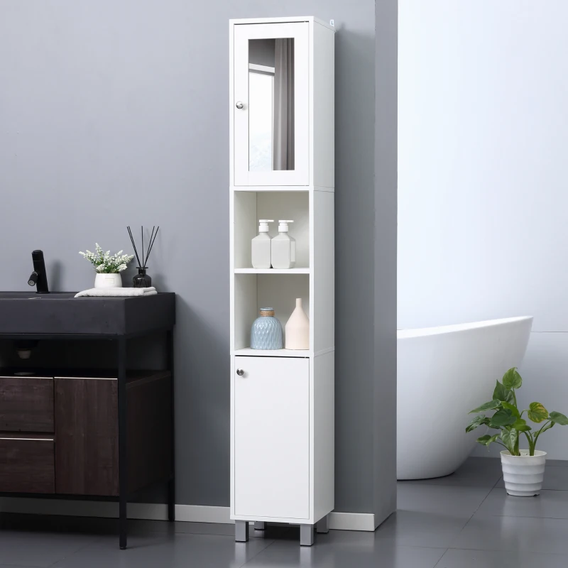 White cabinet with gold oval mirror, glass bottle, lotion dispenser, and neatly folded beige towels inside.