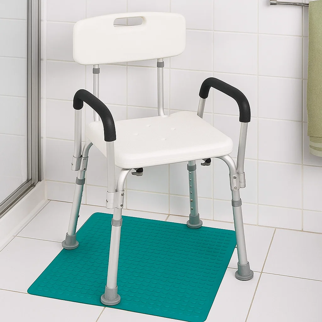 Non-slip bath mats under the chair enhance stability, ensuring a secure and safe bathing experience.
