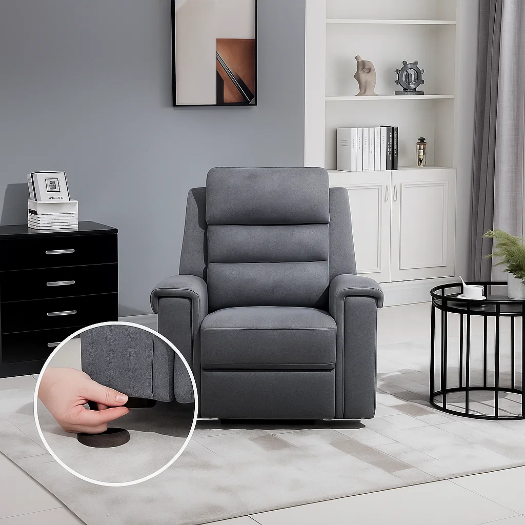 Non-slip rubber pads attached to recliner feet on hard flooring.