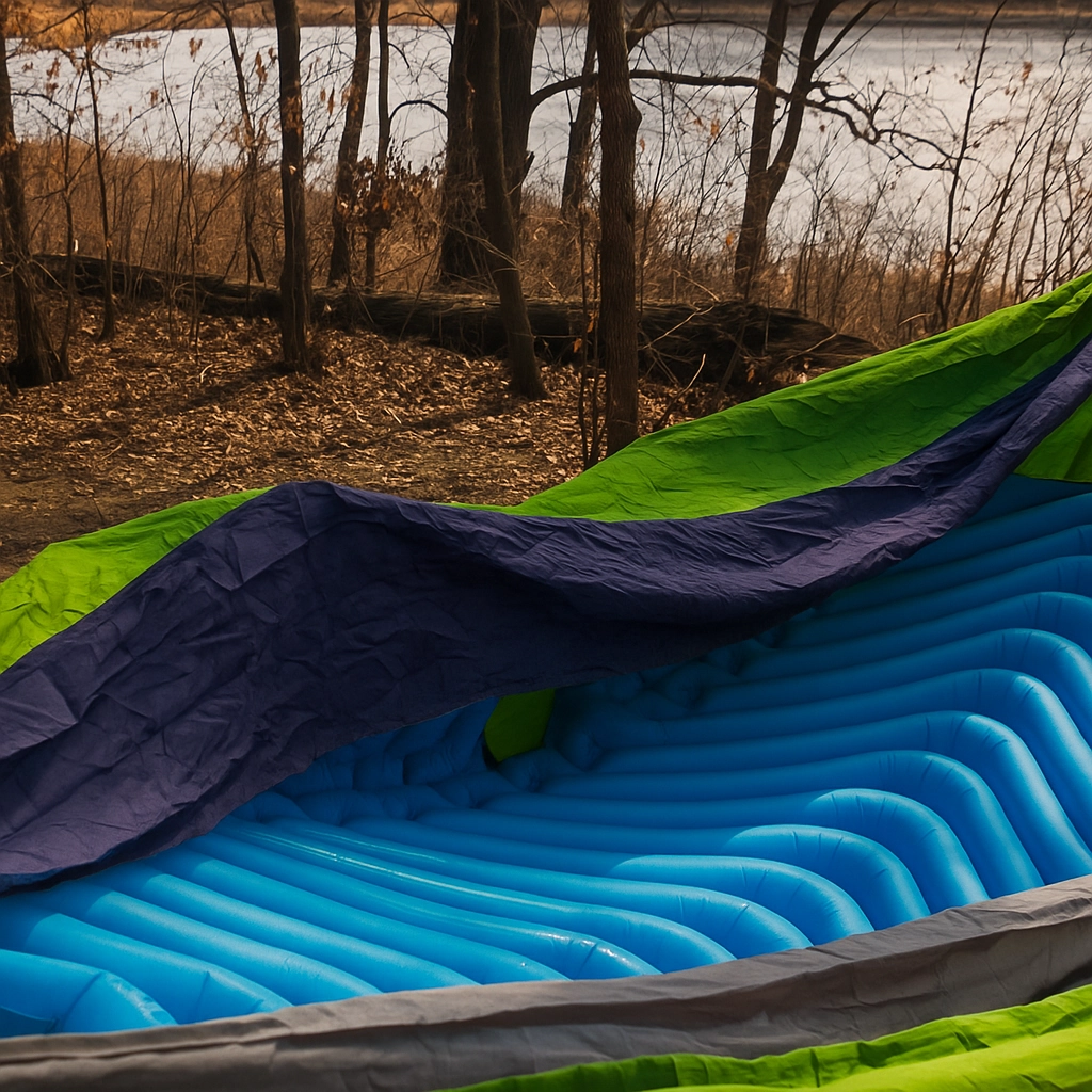 Inflatable sleeping pad placed inside hammock to improve insulation and sleeping comfort.
