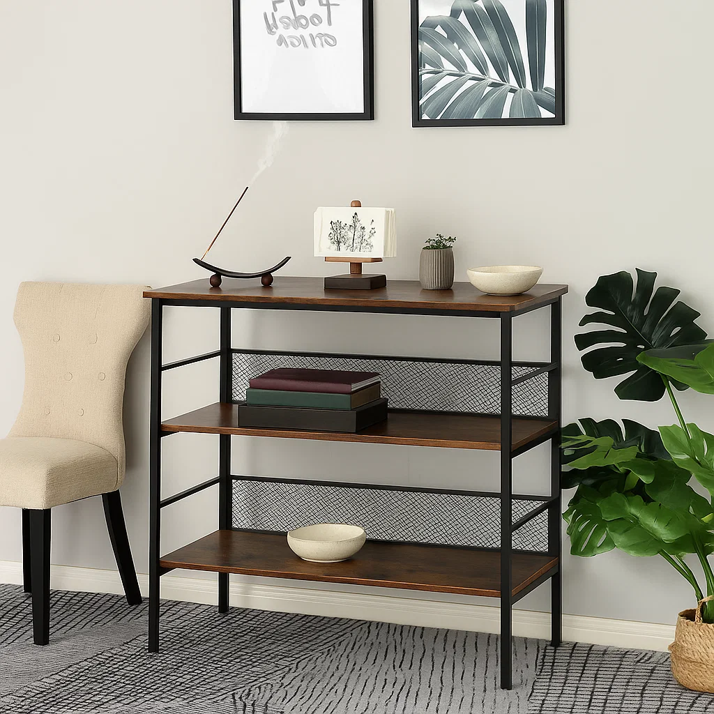 Console table styled with incense holder, art book, ceramic bowls, and potted plant in zoned layout.
