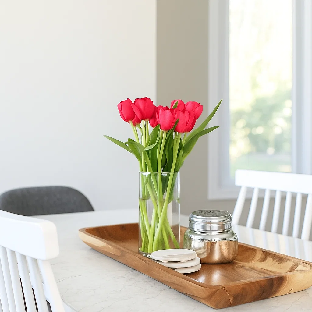 White table featuring wooden tray with pink tulips in glass vase and silver condiment holder.