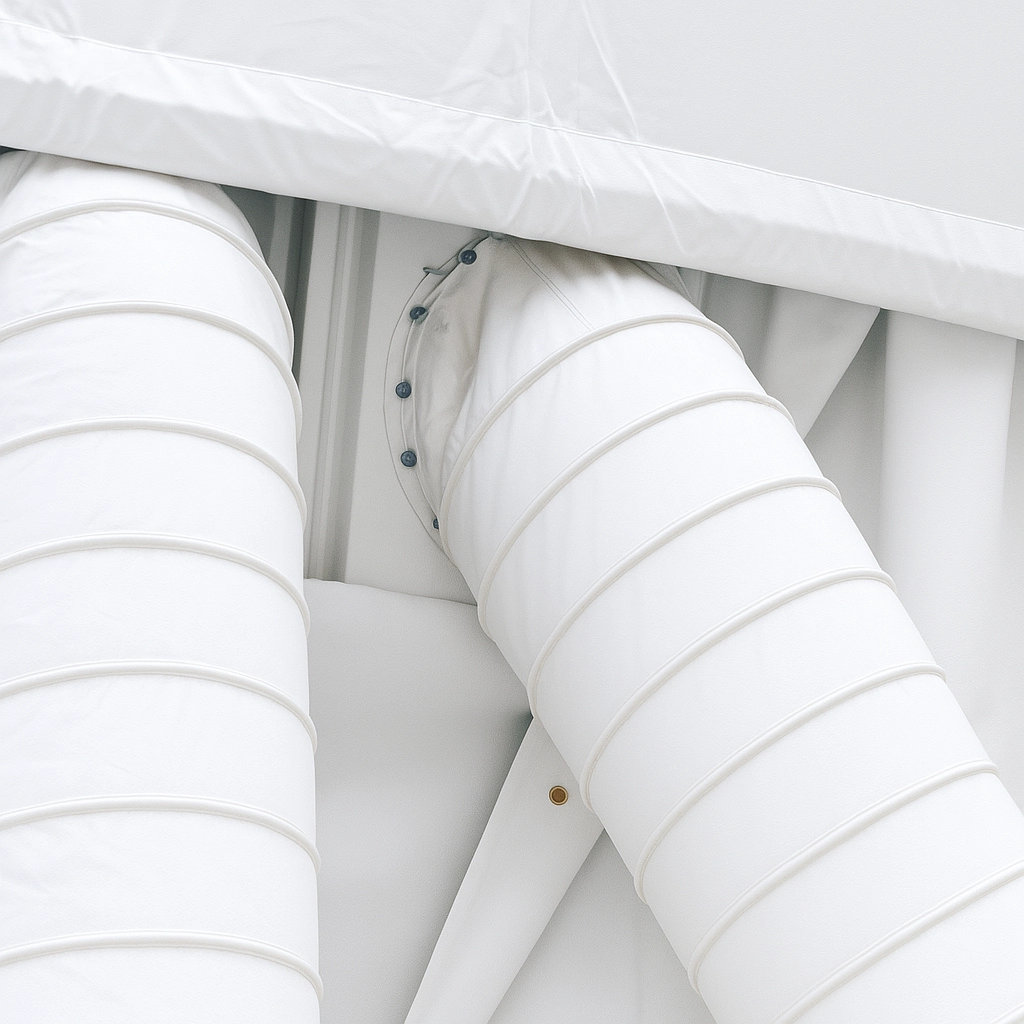 Close-up of flexible white air ducts connecting to a canopy structure for heating or cooling.