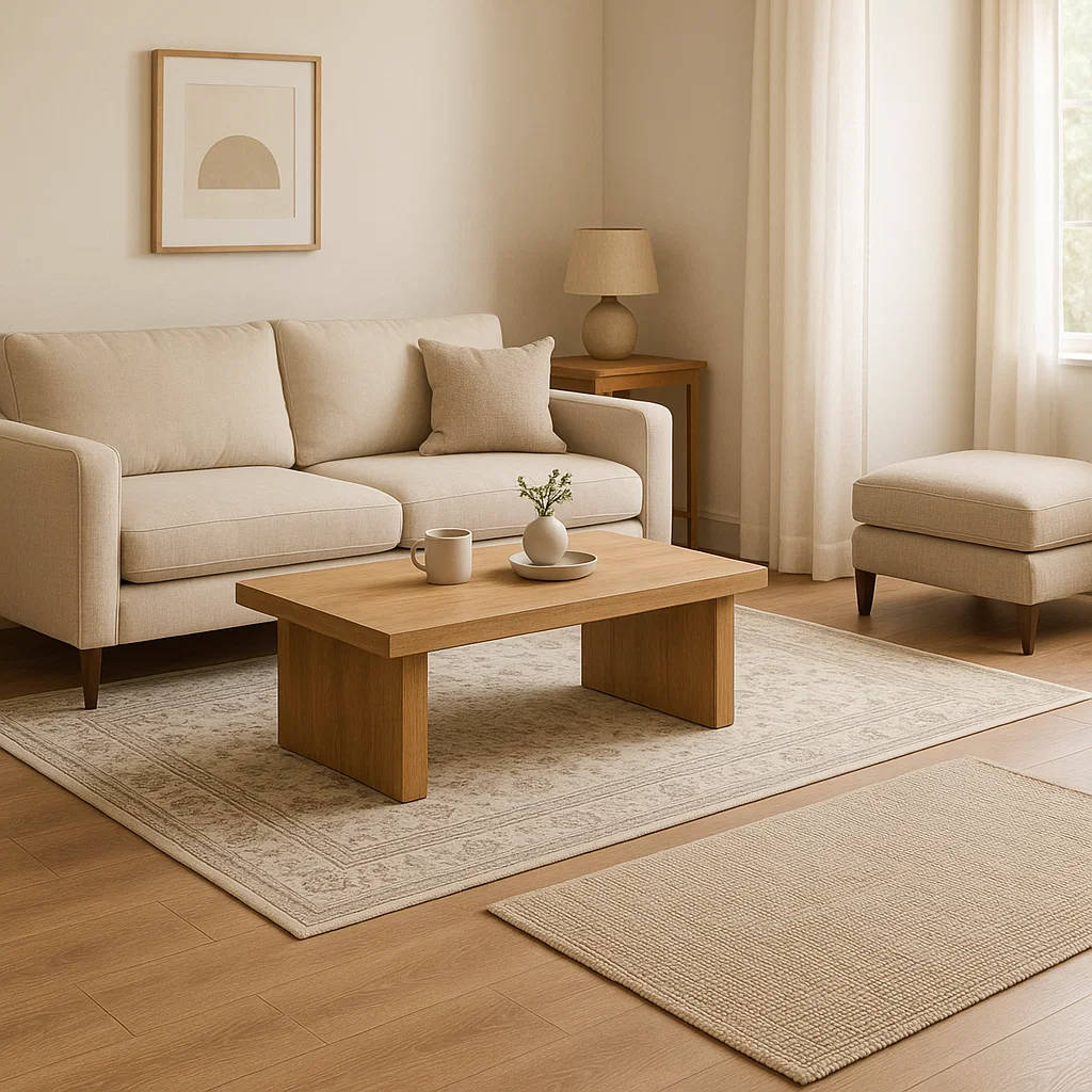 Minimalist living room with a beige sofa, wooden coffee table, and neutral area rug.