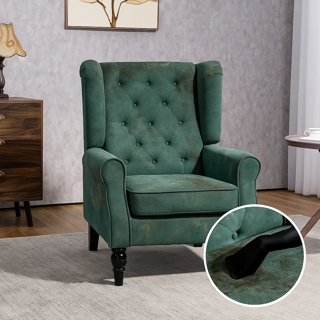 Dirty green fabric chair being vacuumed with a close-up inset of vacuum nozzle