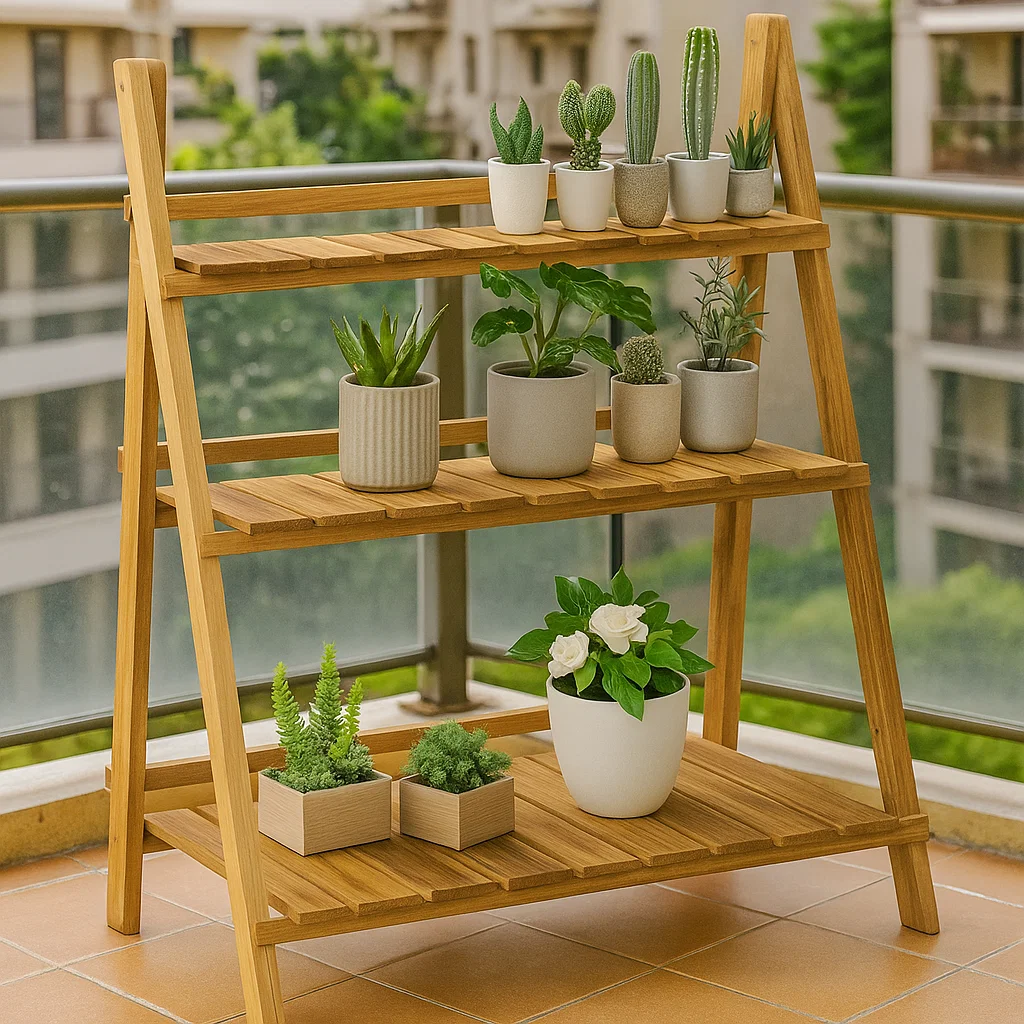 Balcony plant stand with a cohesive arrangement of succulents and leafy plants in textured pots.