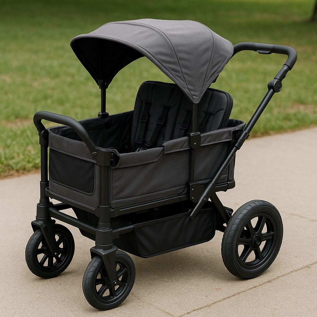 Hybrid wagon with fold-out seating and safety harness, designed for kids and gear transport.