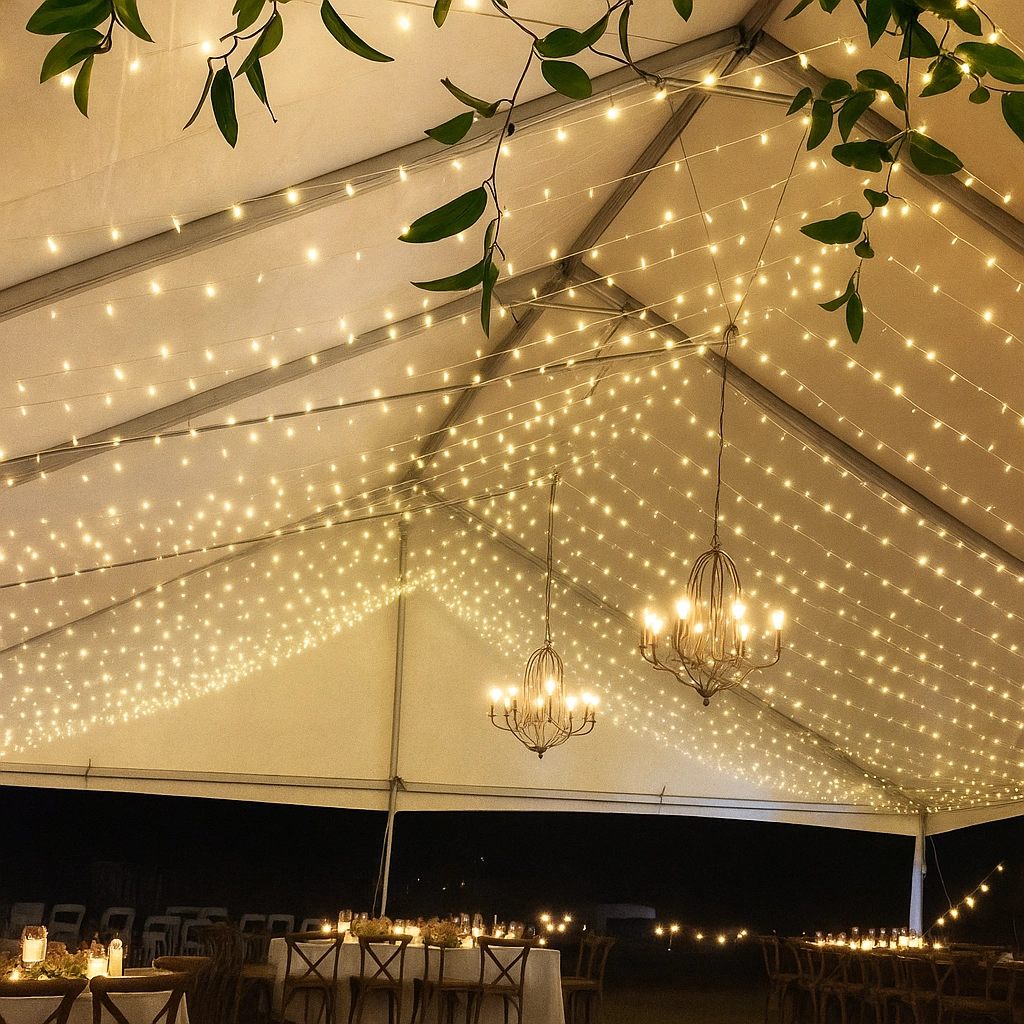Cozy tent interior illuminated by fairy lights and chandeliers for nighttime outdoor gatherings.