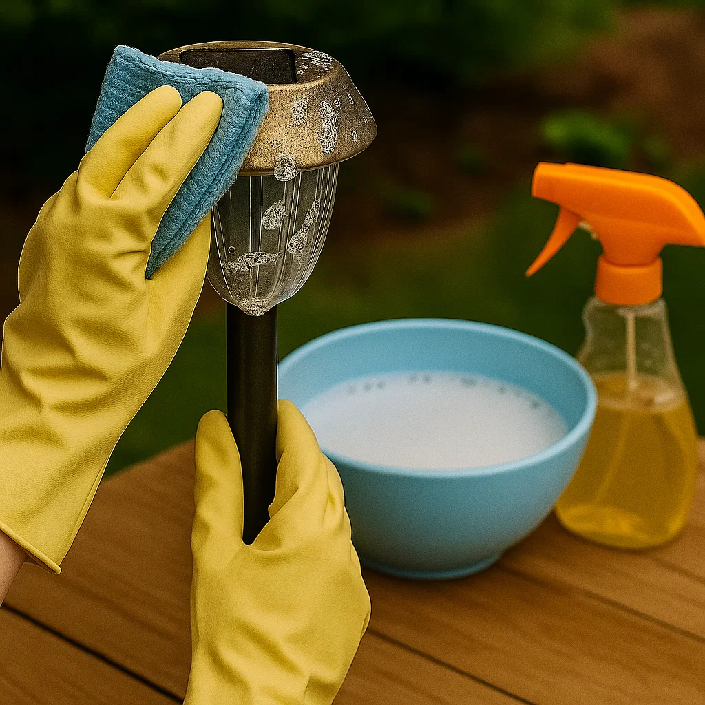 Soapy sponge cleaning a disassembled solar light fixture over a bucket of water.
