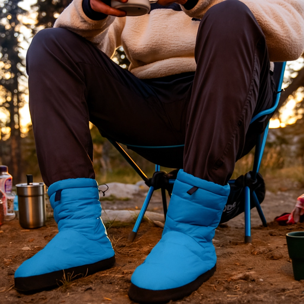 Camper wearing insulated booties to retain warmth while relaxing outdoors at campsite.