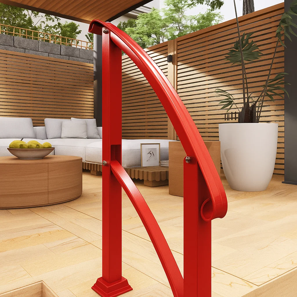 Beautiful outdoor stair railing on a deck freshly painted red under sunny weather.