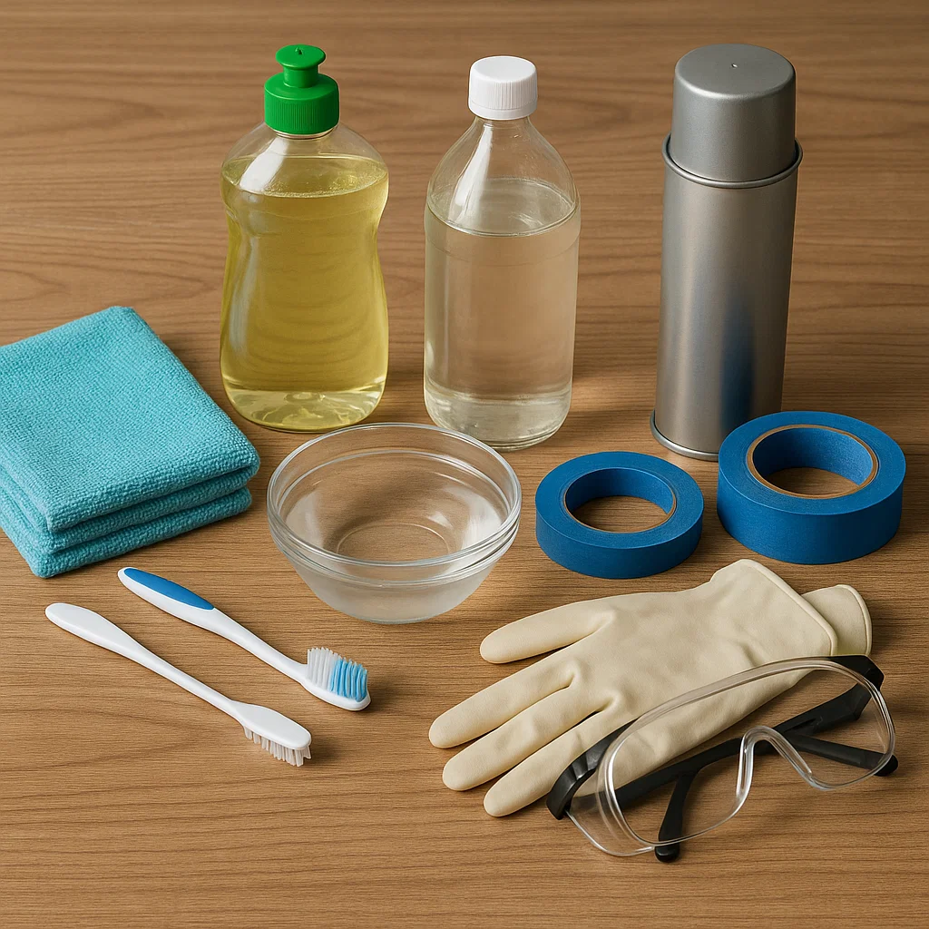 Assorted cleaning tools and supplies laid out, including gloves, spray bottle, and brush.