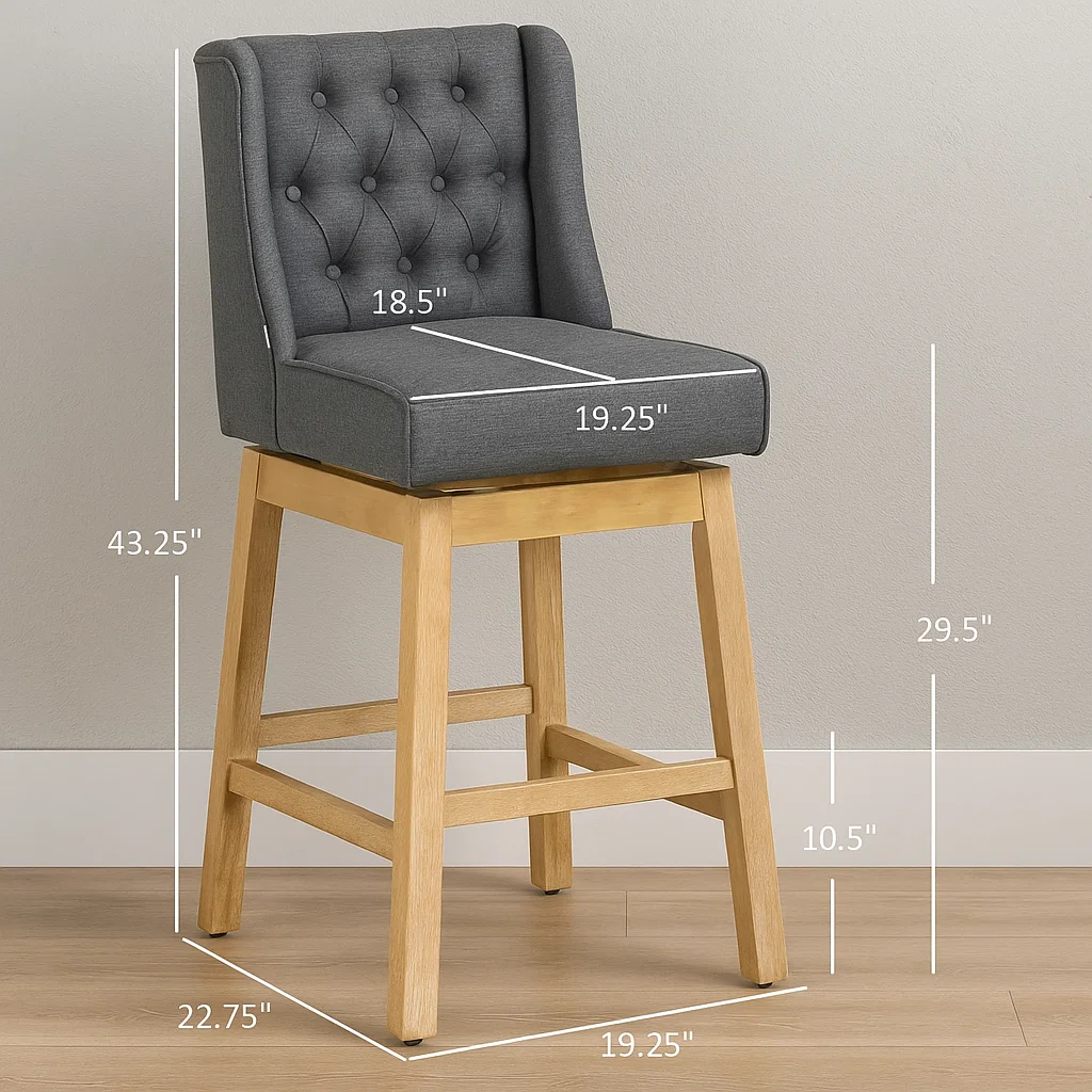 Gray upholstered bar stool with wooden legs, showing detailed seat and height measurements.