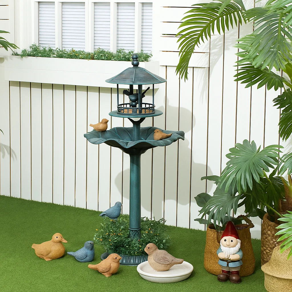 Bird bath with DIY bird sculptures and figurines adding charm and whimsy to the garden.