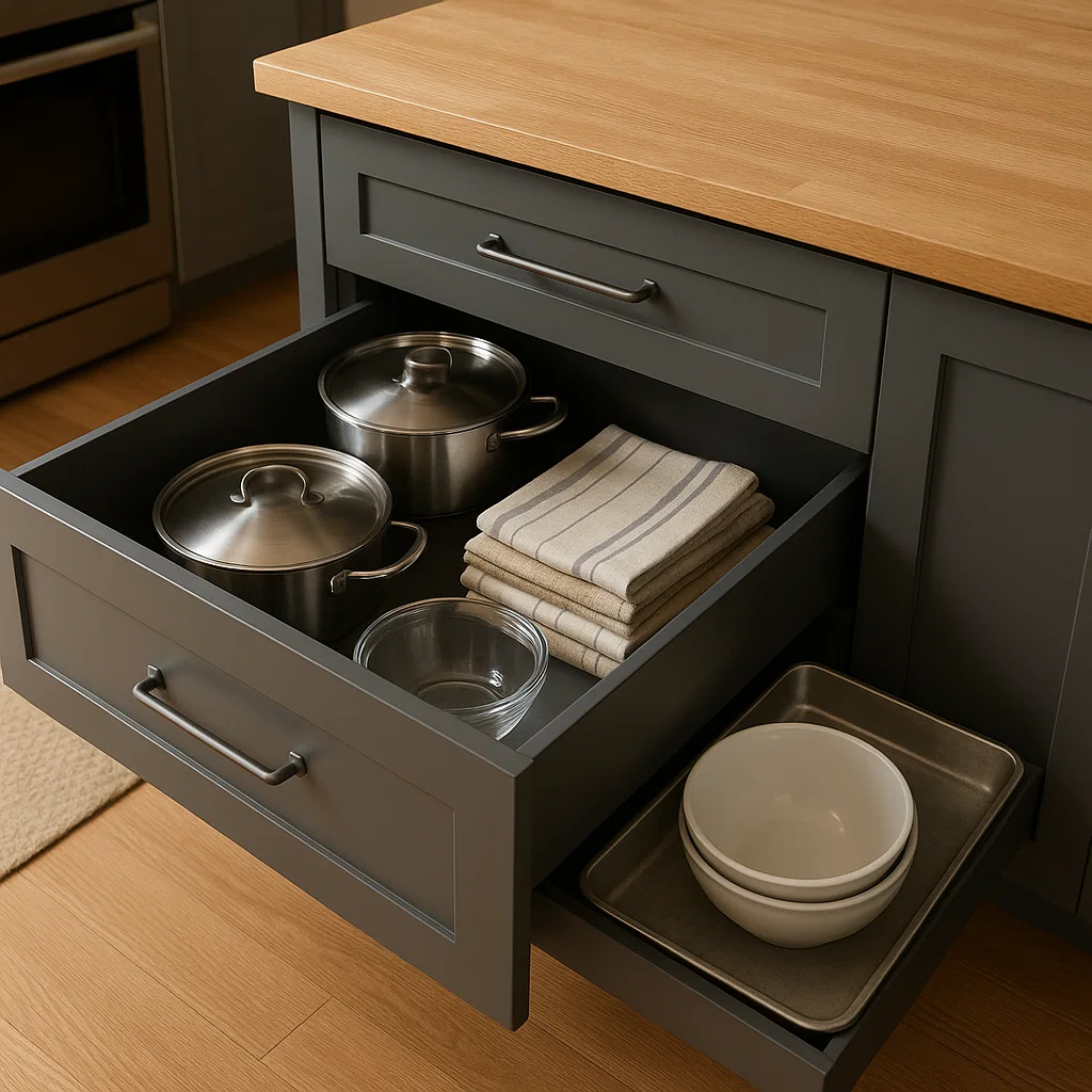 Deep kitchen island drawers storing cookware and towels.