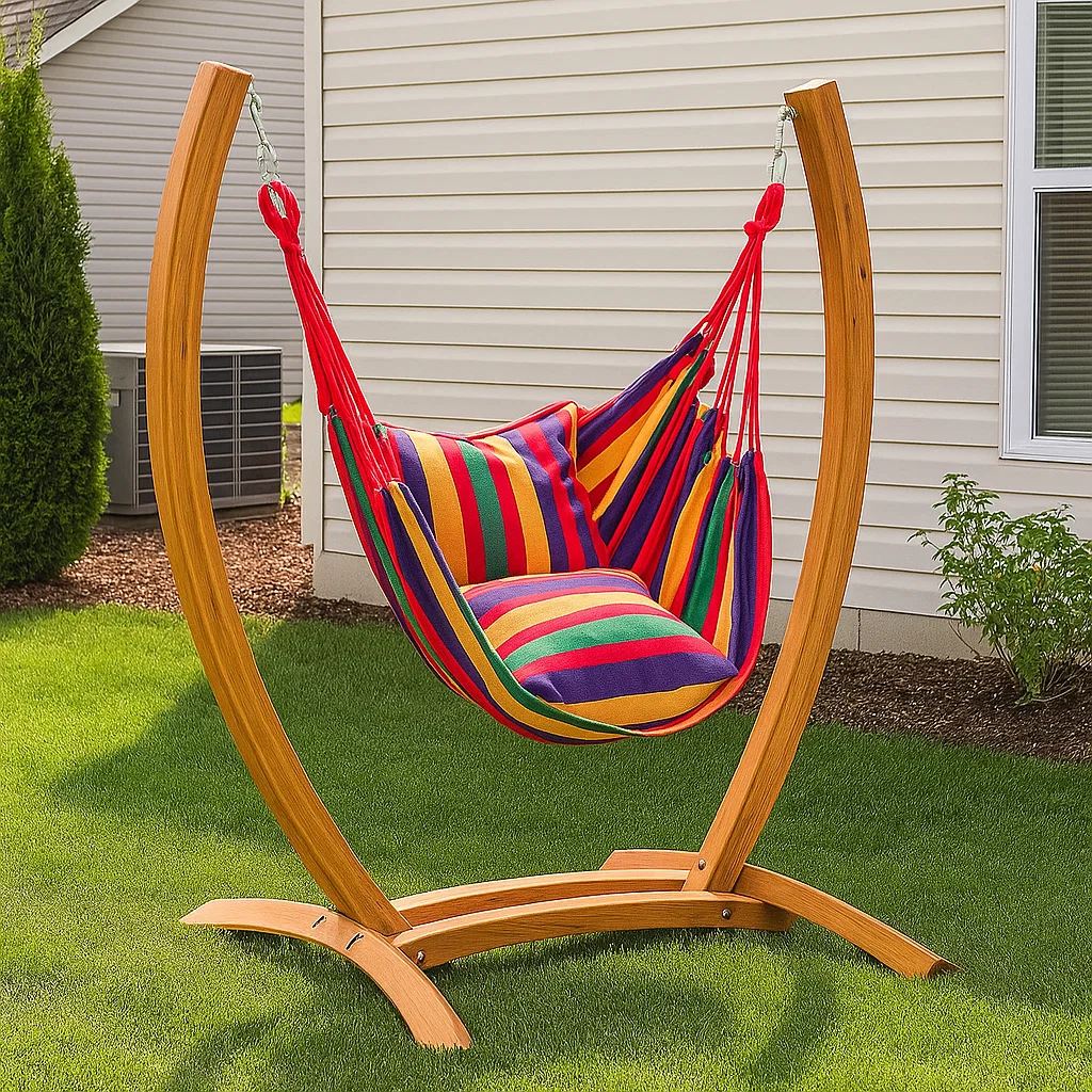 Hammock chair hanging from a stylish arched wooden stand in a garden setting.
