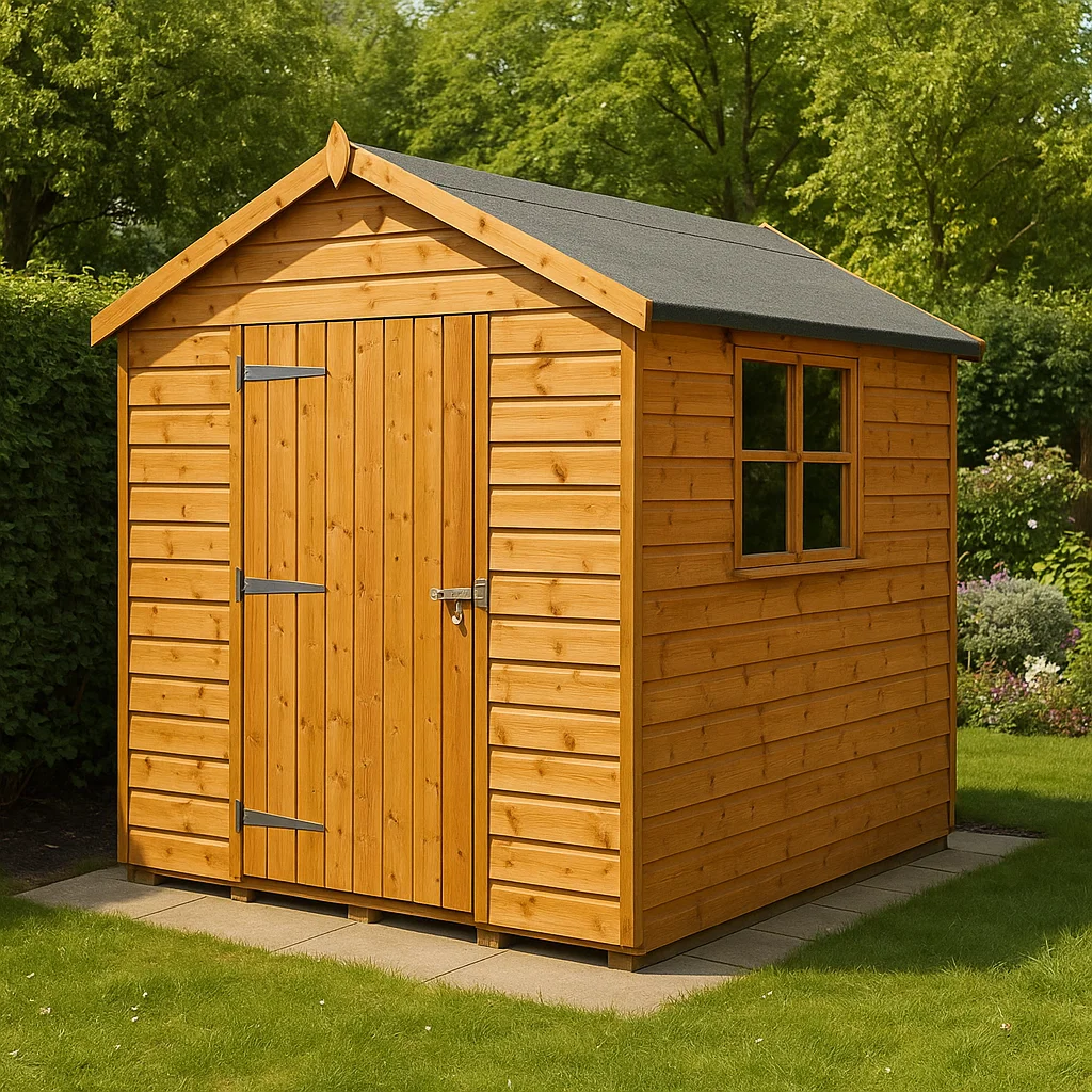 Wooden shed with a window and natural wooden finish, surrounded by greenery.