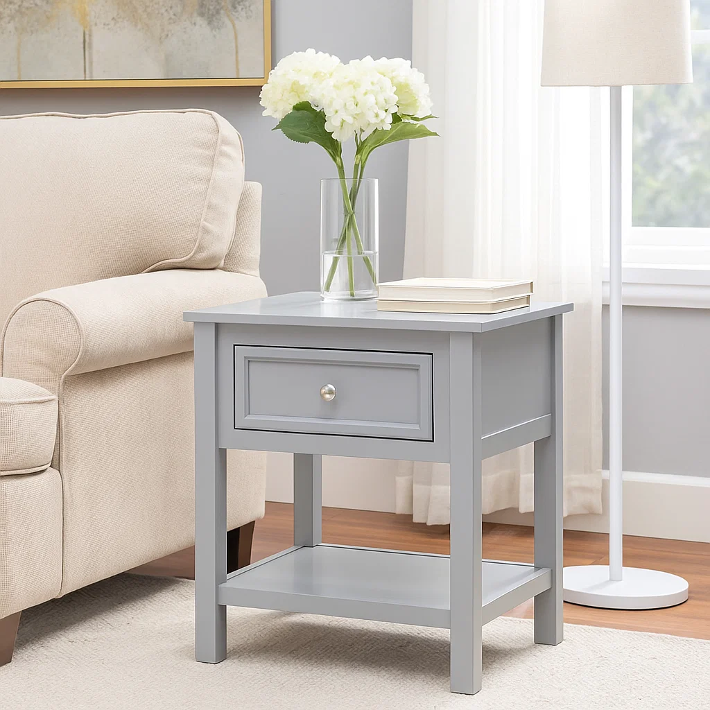Modern gray end table with drawer and shelf placed next to a beige sofa in living room.