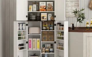 Well-organized kitchen pantry with neatly arranged containers and labeled jars for easy access.
