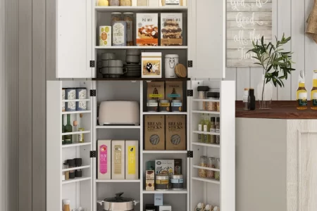 Well-organized kitchen pantry with neatly arranged containers and labeled jars for easy access.