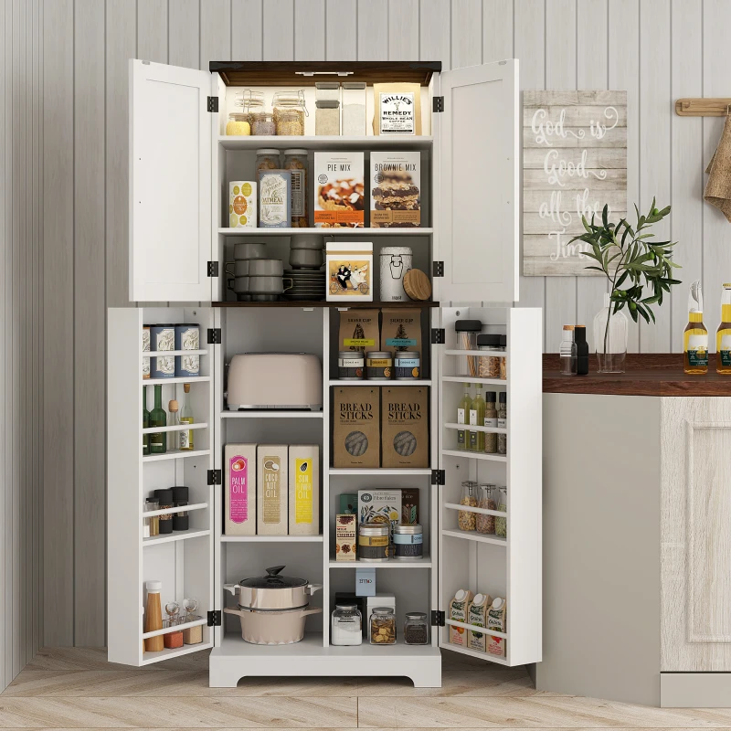 Well-organized kitchen pantry with neatly arranged containers and labeled jars for easy access.