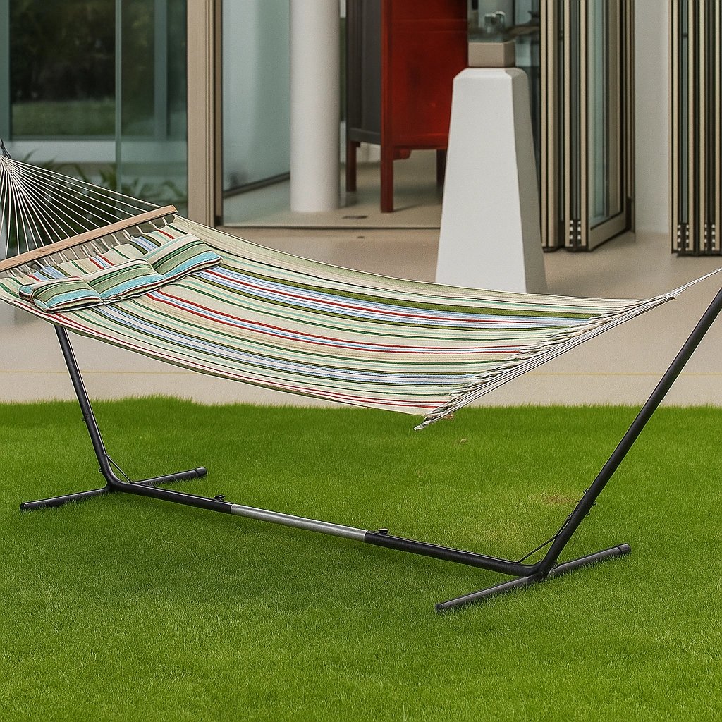 Fully assembled hammock on metal stand placed on green lawn outside a modern house.