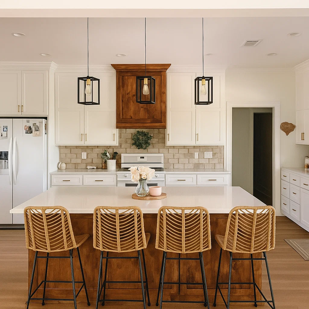 Light wood kitchen with white cabinets and four rattan stools at a counter-height island.