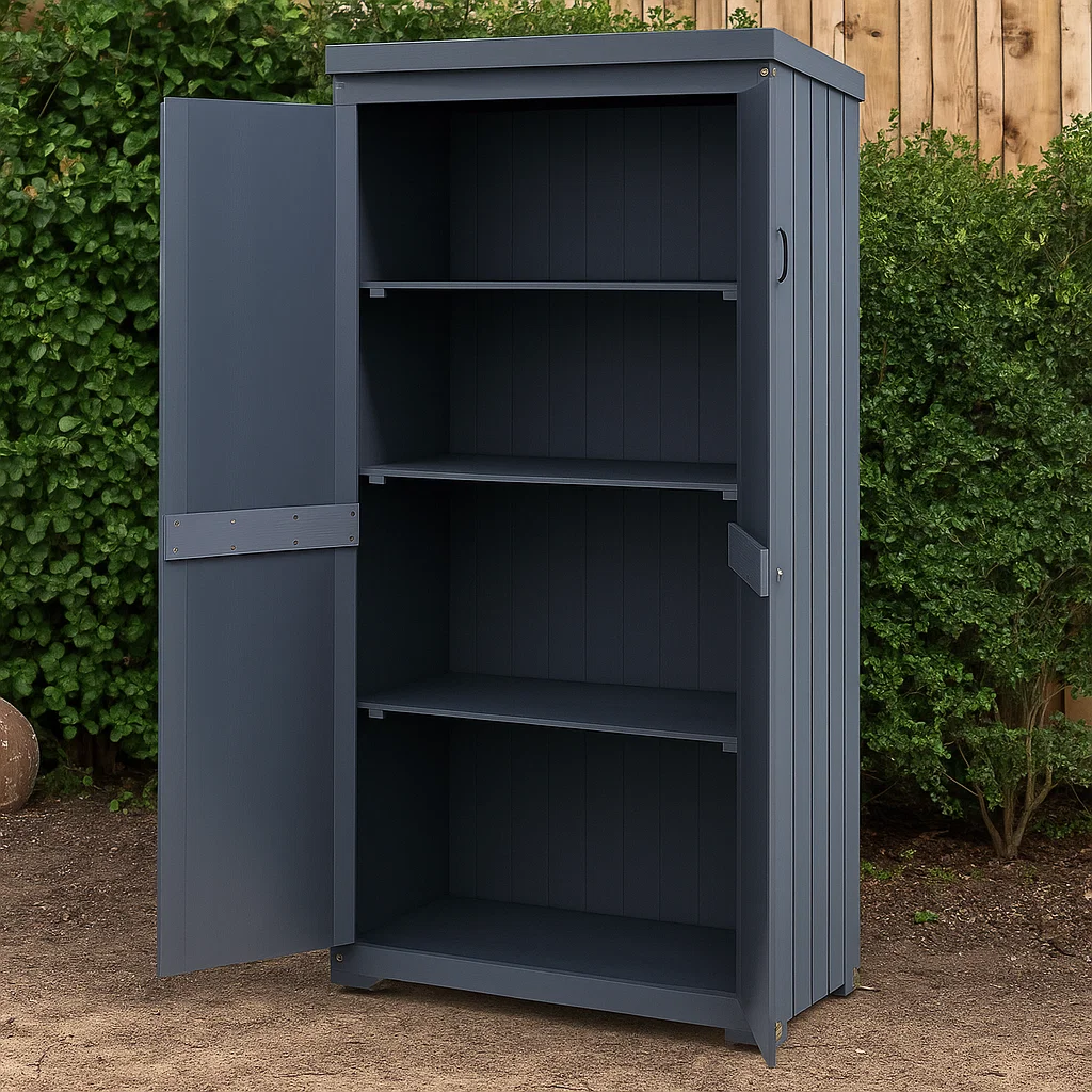 outdoor wooden cabinet with open door and empty shelves placed on garden soil near bushes.