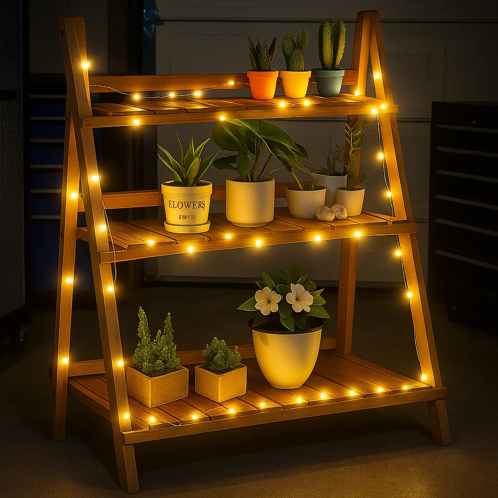 Wooden plant stand wrapped in glowing string lights, displaying indoor plants in colorful and neutral pots.