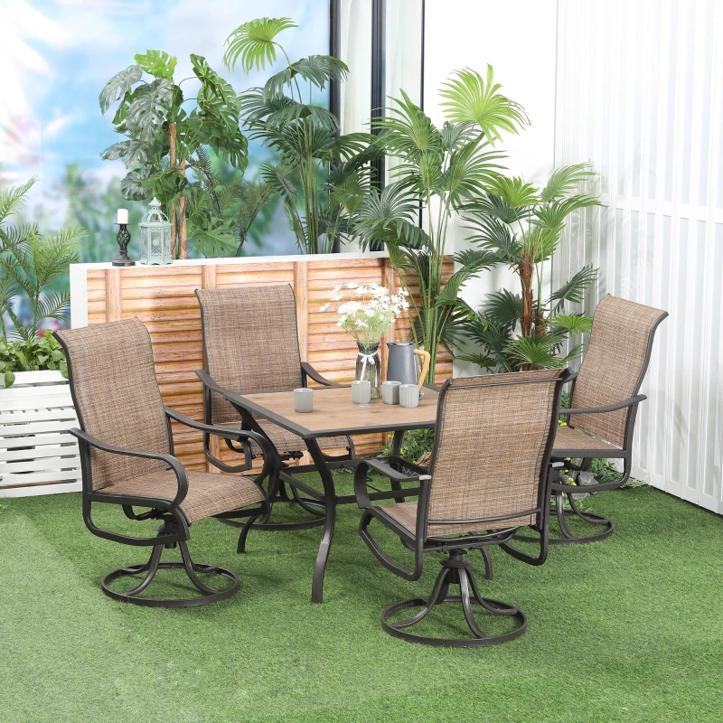 Outdoor swivel chair dining set with square glass table.