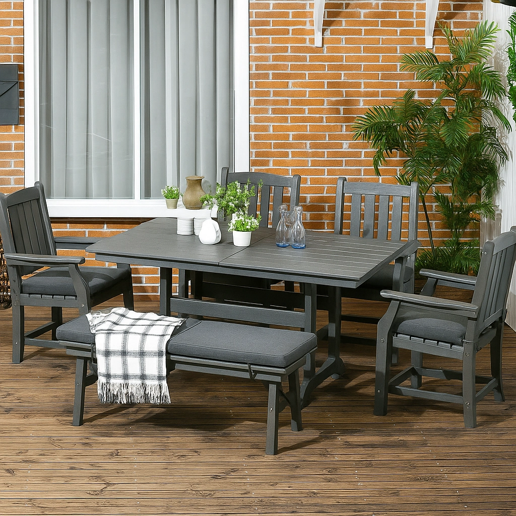 Large patio dining set with bench and chairs.