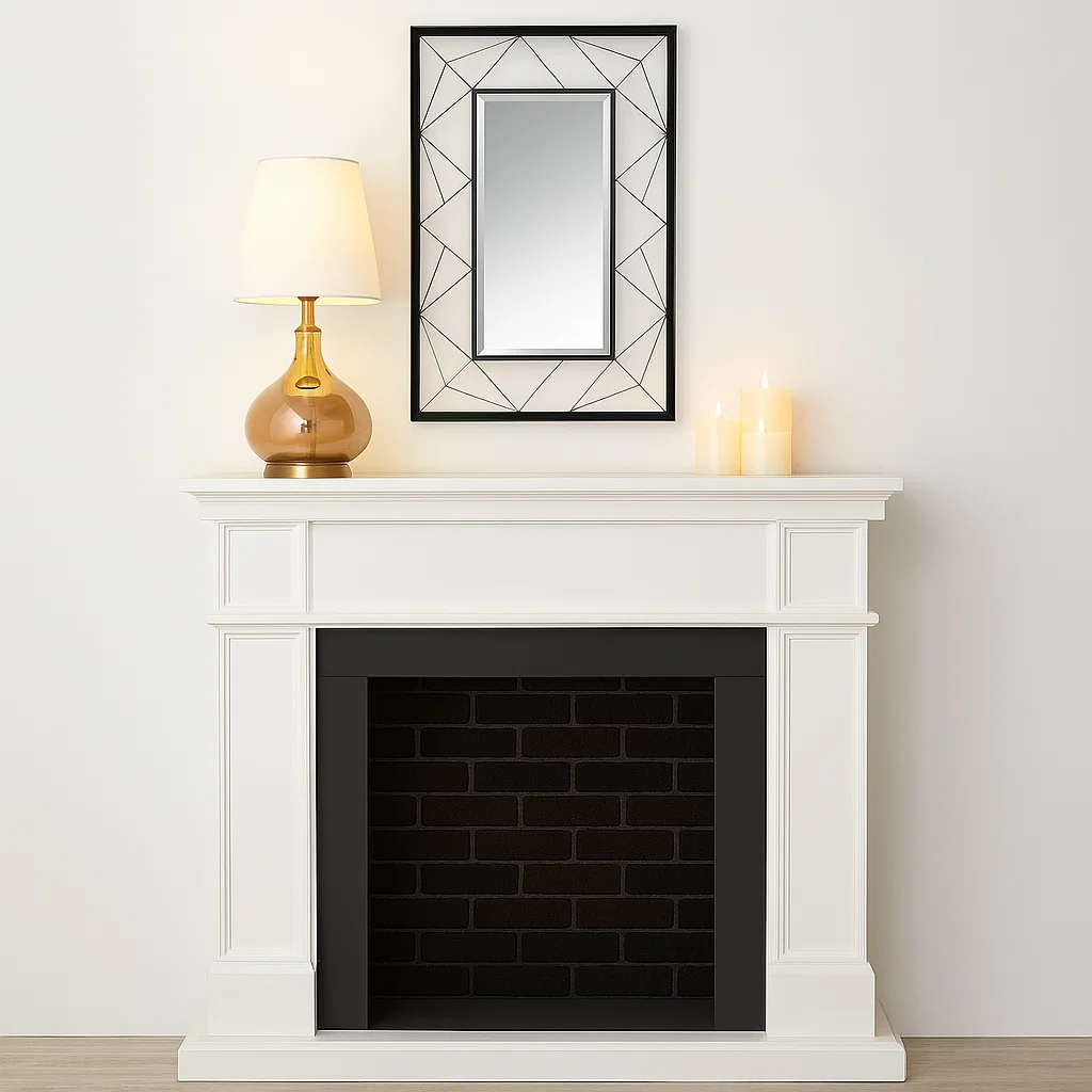 Geometric framed mirror above a fireplace.