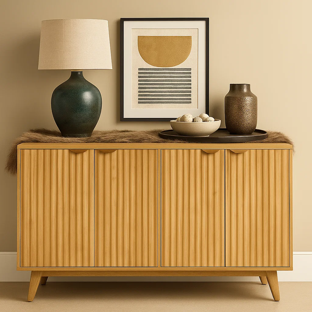 Wooden sideboard styled with lamp, vase, tray, and framed wall art.