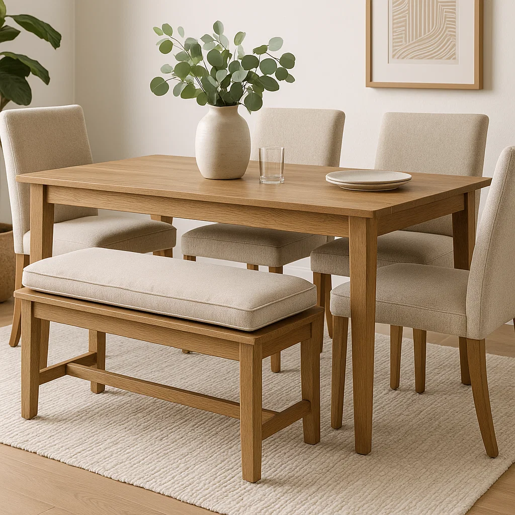 Wooden dining table with chairs and bench seating.