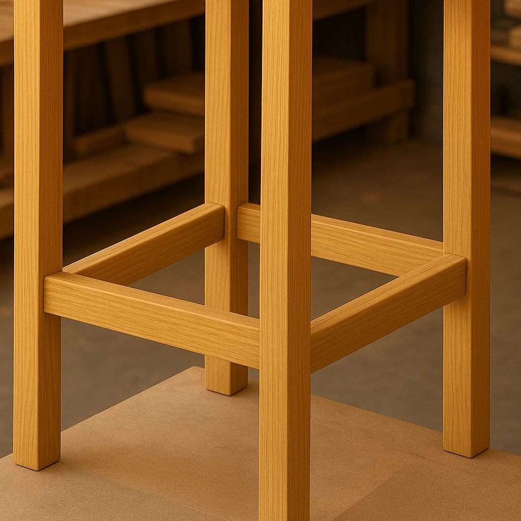 Wooden stool legs joined with horizontal footrest supports