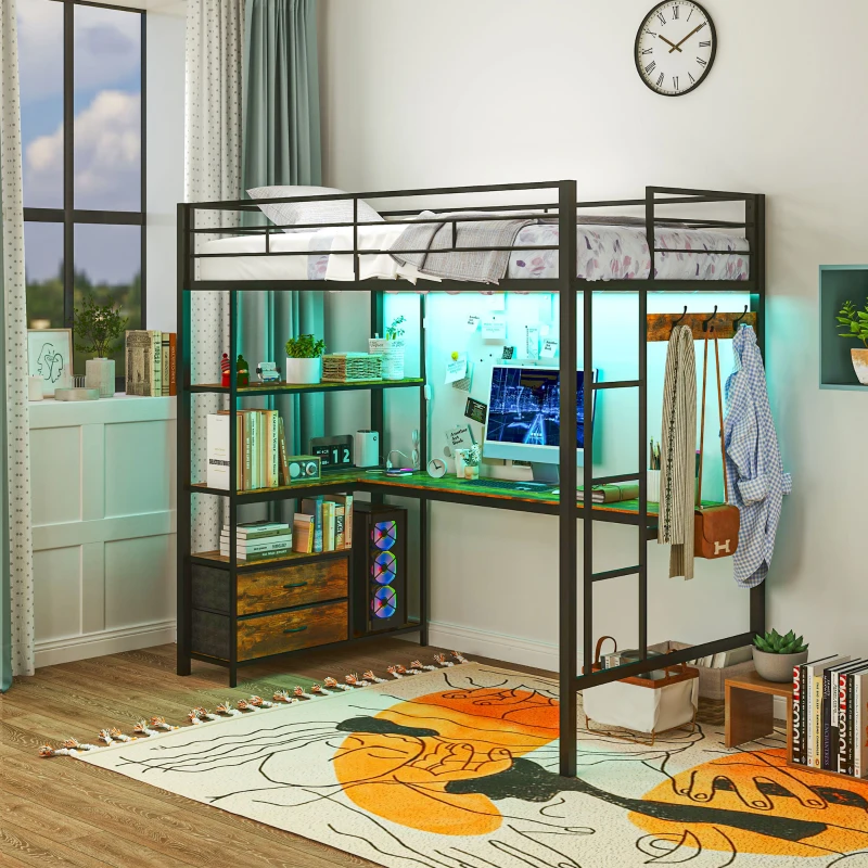 Loft metal bed with integrated desk and shelves