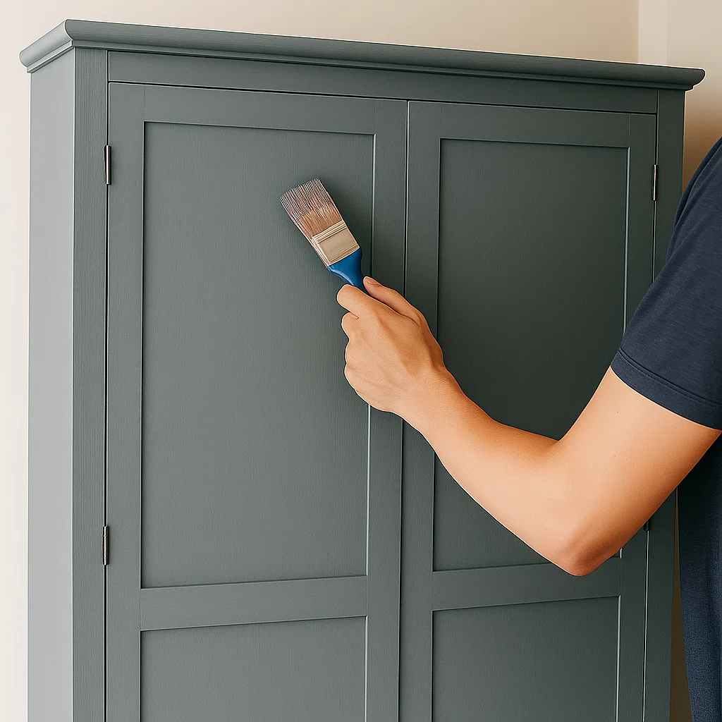 Hand applying green paint with brush on wardrobe